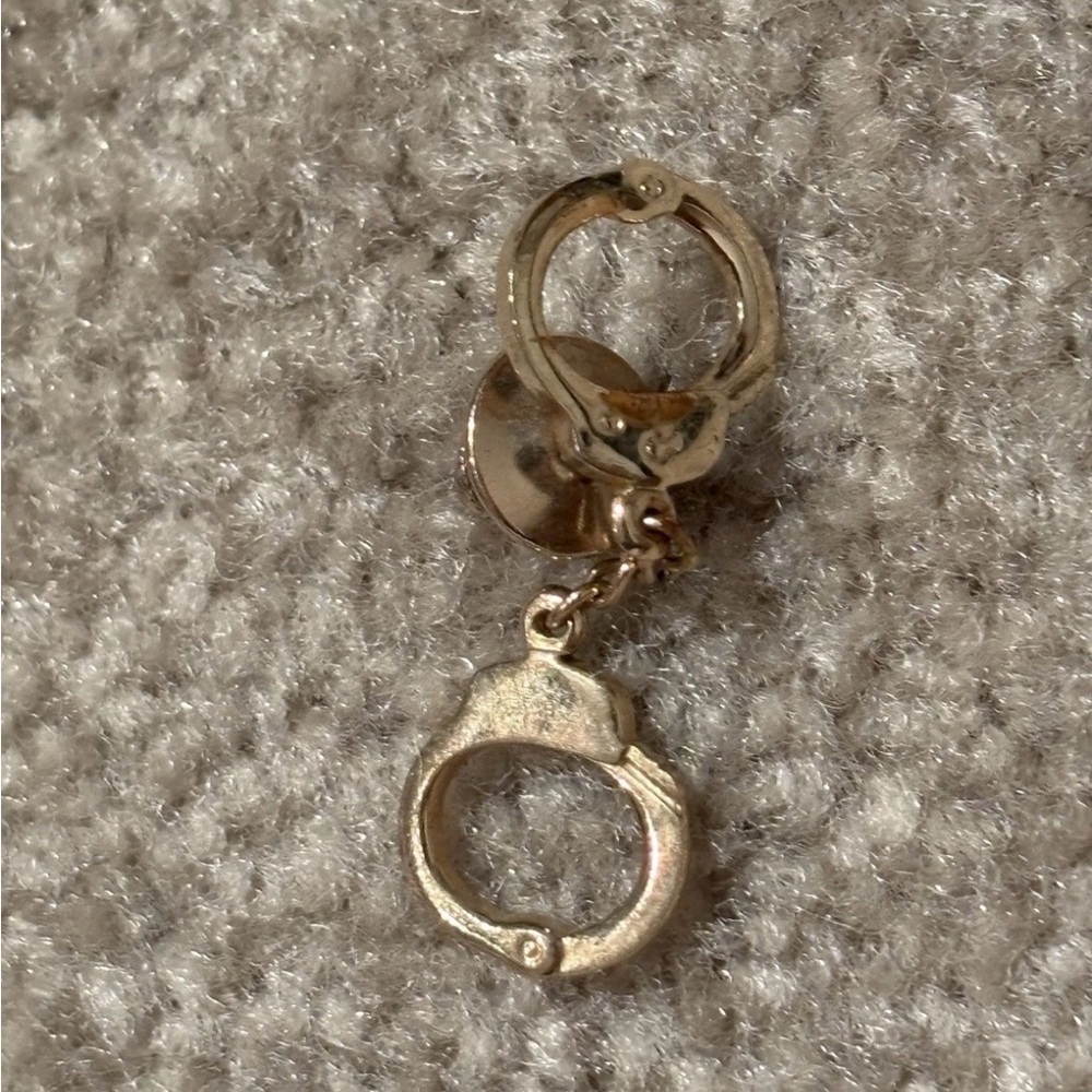Vintage Police Handcuff Tie Tack w/ Tether Silver Tone Retro
